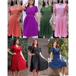 Vestido plissada moda evangelica com cinto forrado fivela cod 049