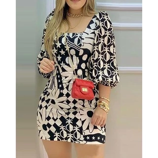 Mini Vestido Curto Feminino Manga Longa Gola Quadrada Preto Estampa Floral