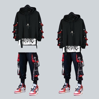 Masculino Carga Calças Militares Pretas Cargo Hip Hop Streetwear Casual Moletom Com Capuz Fita set
