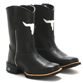 Bota Infantil Feminina RR Botas Texana Country em Couro Liso Detalhe Boi Bico Quadrado