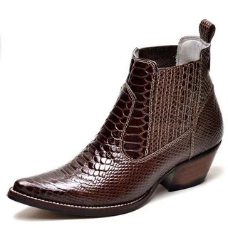 Bota Country Masculina Bico Fino Textura Fácil de Calçar Em Couro Verniz Auto Brilho Exotico Anaconda