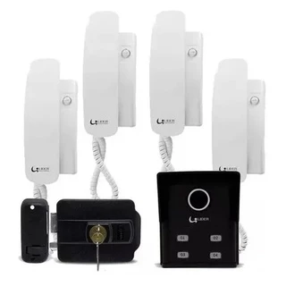 Kit Porteiro Eletrônico Coletivo Interfone 4 Pontos + fechadura elétrica + 4 Monofones