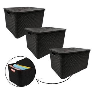 Kit 3 Caixa Organizadora Cesto Multiuso Com Tampa Rattan Empilhavel 15 Litros Organizar Cozinha Quarto