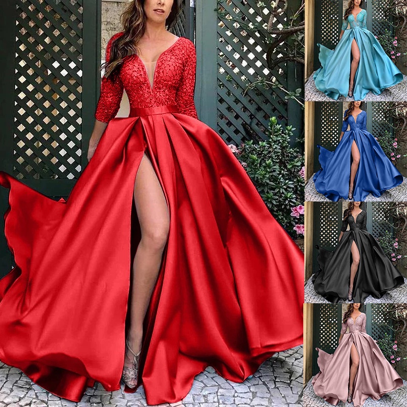Vestido Longo Feminino De Cetim Vermelho/Gola V/Estilo Vintage