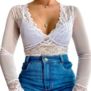 Body Feminino de Renda e Tule Manga Longa Decote em V Com Bojo