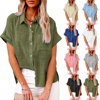 Camisas De Linho De Algodão Sólido Feminino De Manga Curta Casual Blusas Largas Com Botões De Lapela