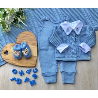 Saída maternidade menino azul bebê tricot 5 peças urso principe