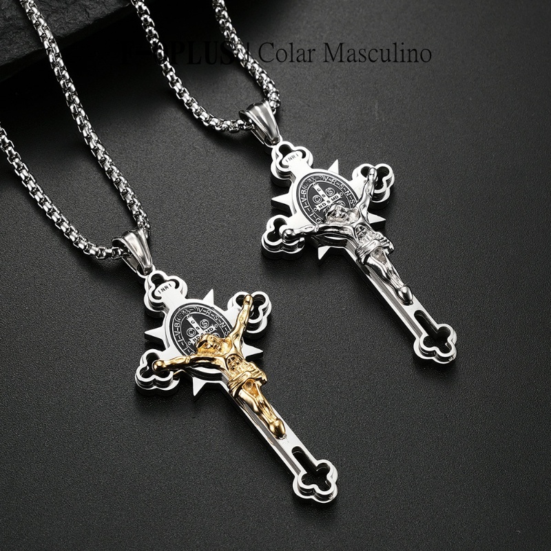 F-OPLUS | Colar Masculino de Crucifixo do Jesus 3mm 60cm Corrente Masculina com Pingente de Cruz do Jesus Bicolor e Prata TNM047