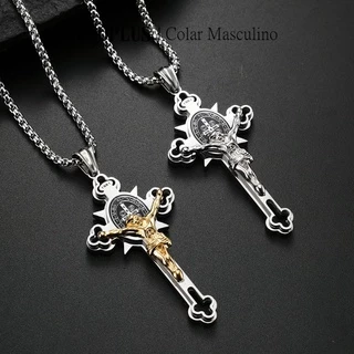 F-OPLUS | Colar Masculino de Crucifixo do Jesus 3mm 60cm Corrente Masculina com Pingente de Cruz do Jesus Bicolor e Prata TNM047