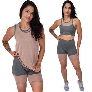 Kit Fitness 3 Peças Fitness Bermuda Top com Bojo e Camiseta Regata Roupa Academia