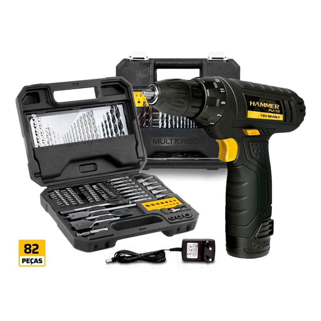 Parafusadeira Furadeira 12v 3/8 Litio Biv + Kit Jogo 82 Pçs