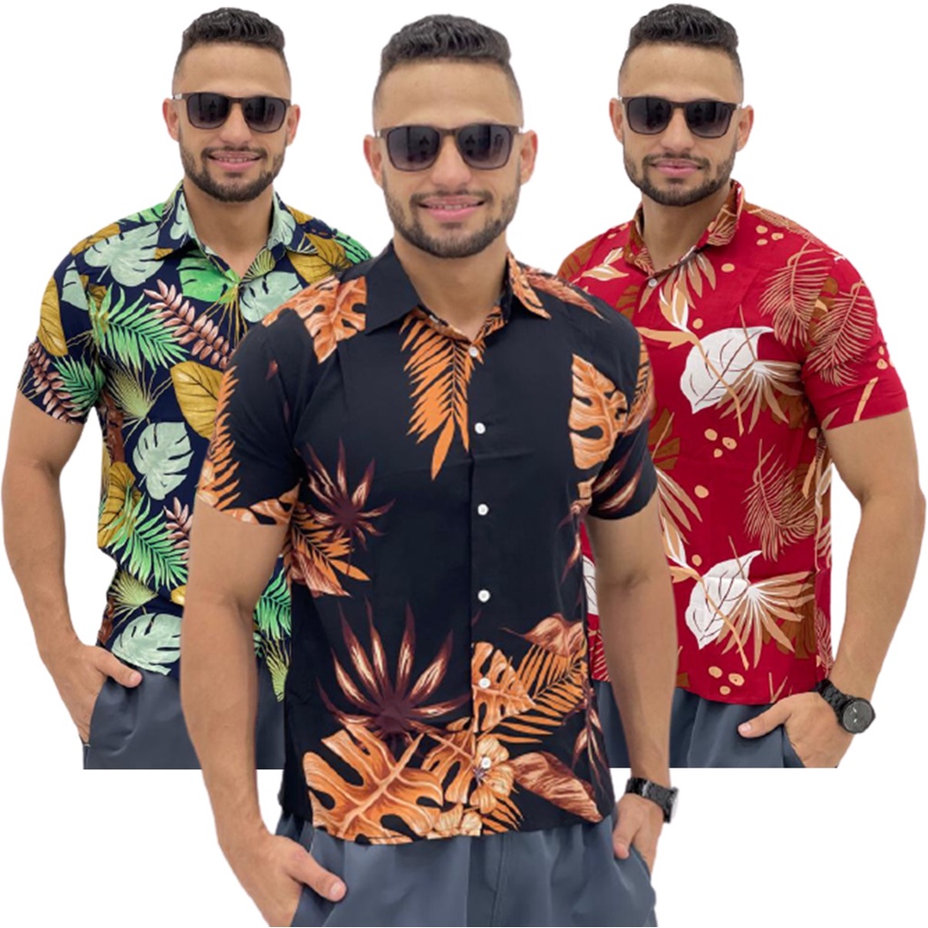 Kit 3 Camisas Social Masculina Floral Estampada Moda Praia Verão