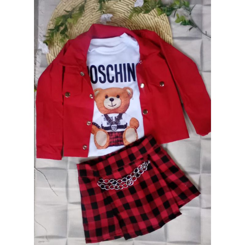 Conjunto 3 Peças, Casaco Pelo, Blusa e Shorts Saia Xadrez - Cor