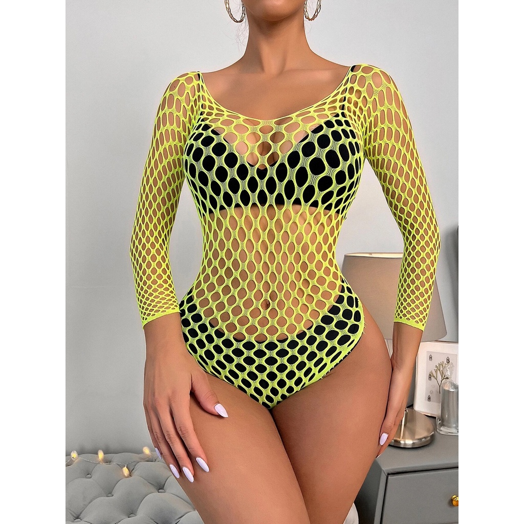 Body Arrastão Sexy Verde Neon Festa Rave Monda Shopee Brasil 