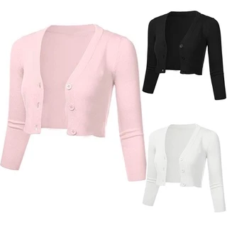 Mulheres Sólidos Casual Botão Para Baixo Manga 3/4 Cortada Bolero Casaco Curto Cardigan em Promoção na Shopee Mulheres Sólidos Casual Botão Para Baixo Manga 3/4 Cortada Bolero Casaco Curto Cardigan