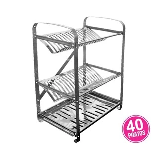 Escorredor De Louça Grande Aço Inox 40 Pratos Três Andares Não Enferruja
