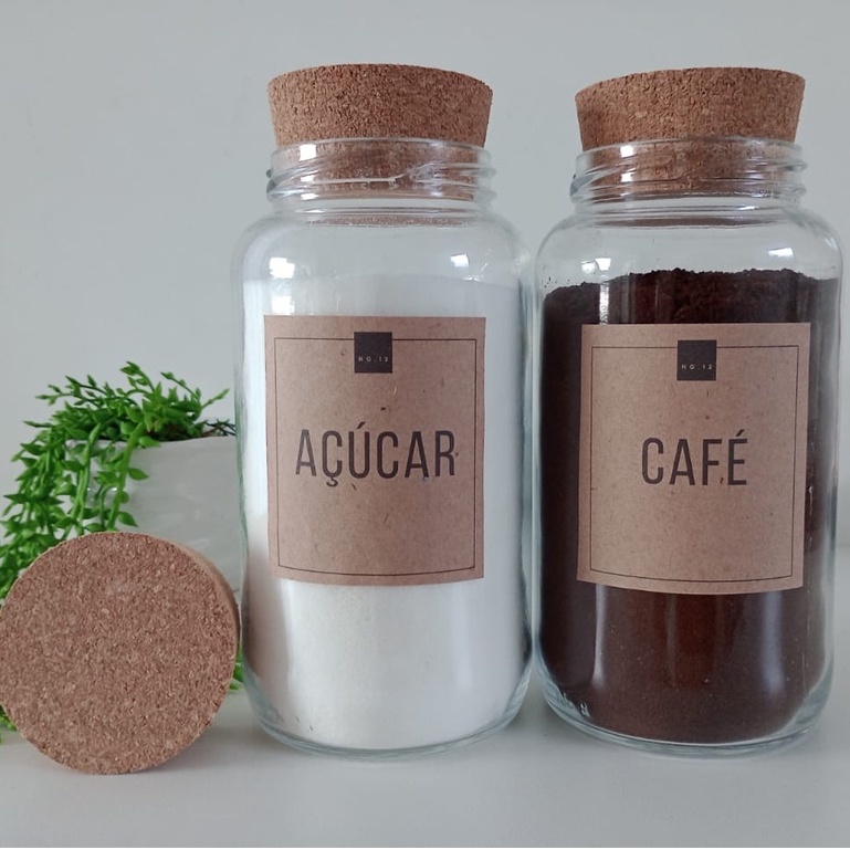 Kit 2 Potes de Vidro 800ml para Café Açúcar com etiquetas Minimalistas ...