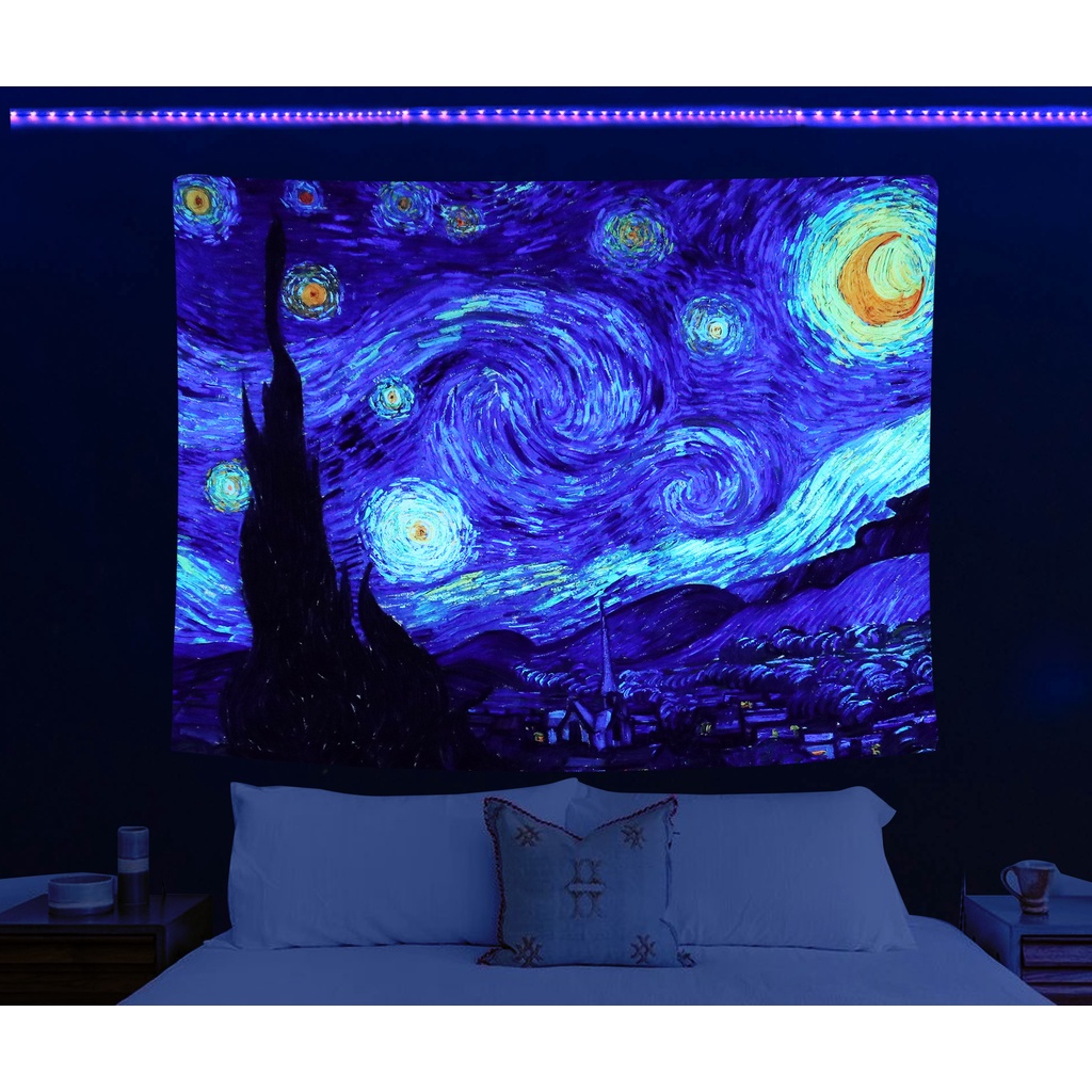 Tapeçaria Noite Estrelada De Van Gogh Blacklight Wall Art Decor Para O Quarto Estética , Abstrato Hippie Trippy Parede Pendurado UV Tecido Reativa Cartaz Sala De Estar D Cor