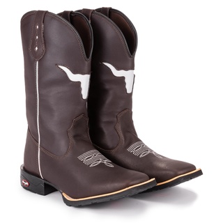 Bota Texana Masculina Country Bico Quadrado Em Couro Touro Vazado