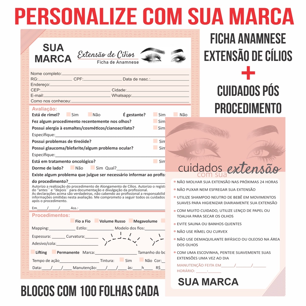 Ficha Anamnese Extensão Cílios E Bloco Cuidado Cliente C/100