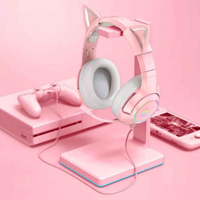 Headset Gamer Profissional Onikuma K9 Rosa Com Orelhas Cor Rosa/com Orelhas Cor Da Luz Rgb