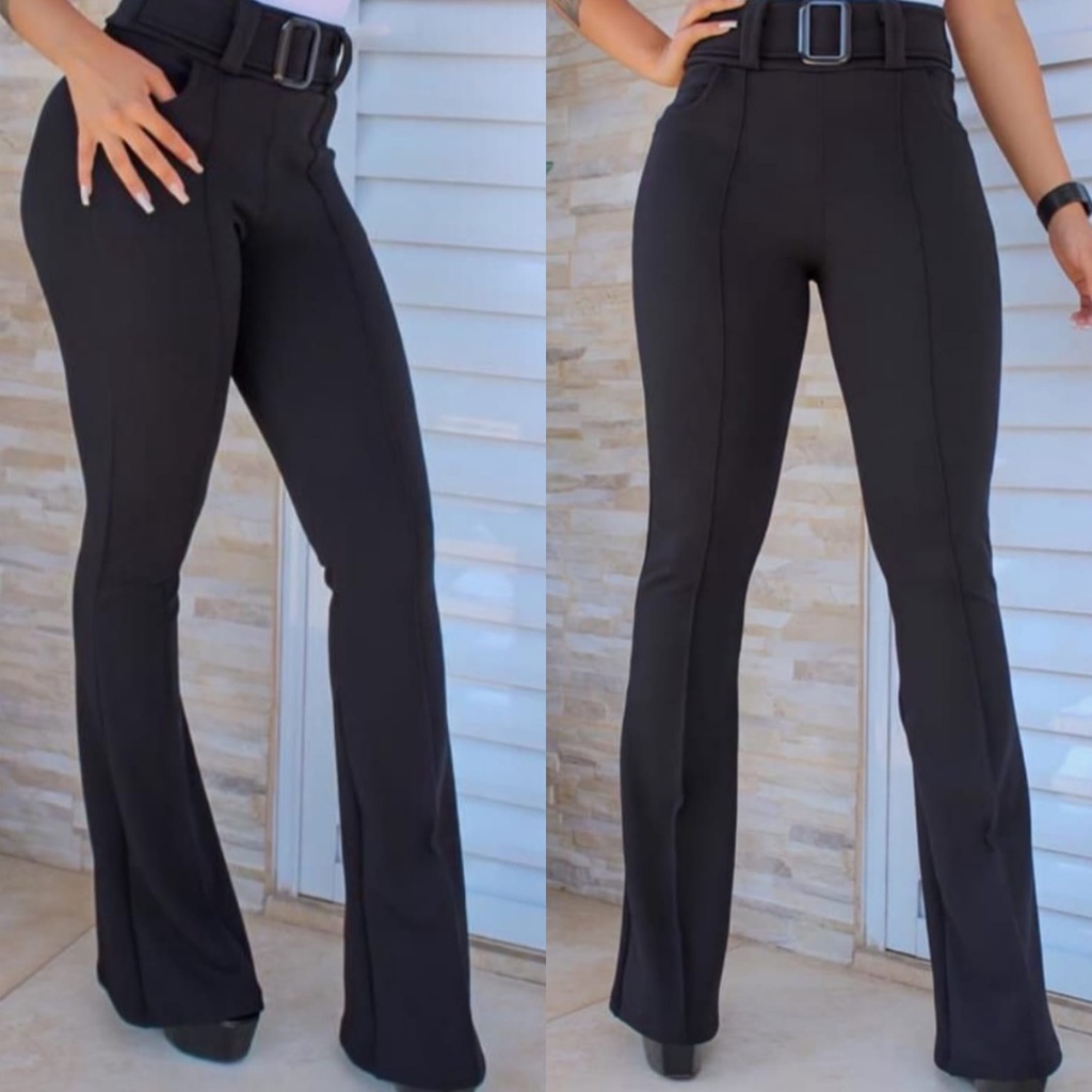 Calça Flare Feminina Cintura Alta Com Cinto Cirre