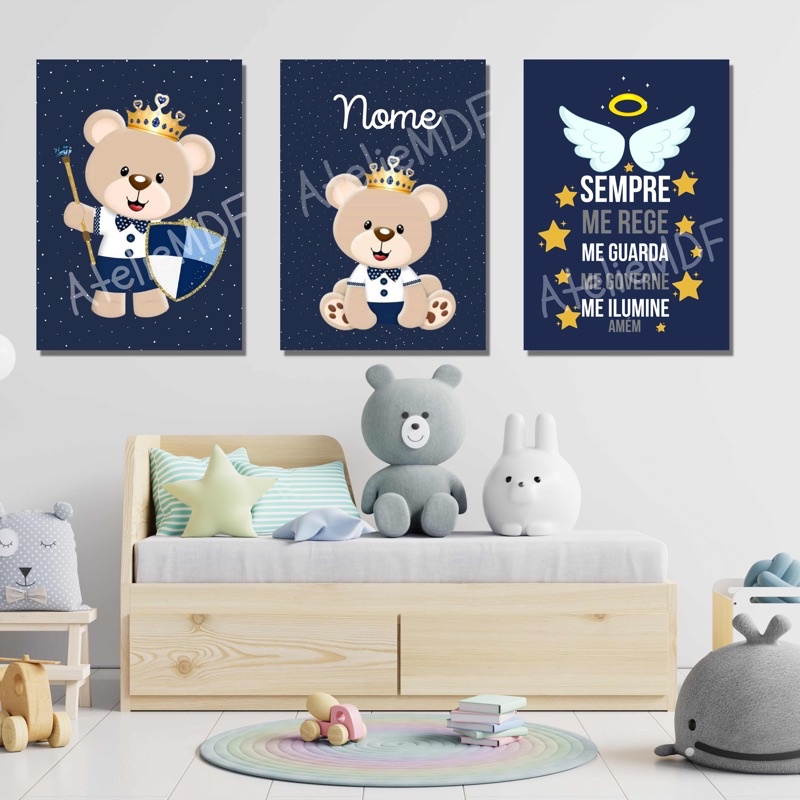 Placa Decorativa Infantil Desenho Urso Fofo Preto e Branco