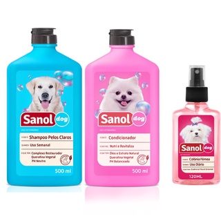 Combo Banho para cachorro: Shampoo pelos claros, condicionador revitalizante e colonia femea Sanol