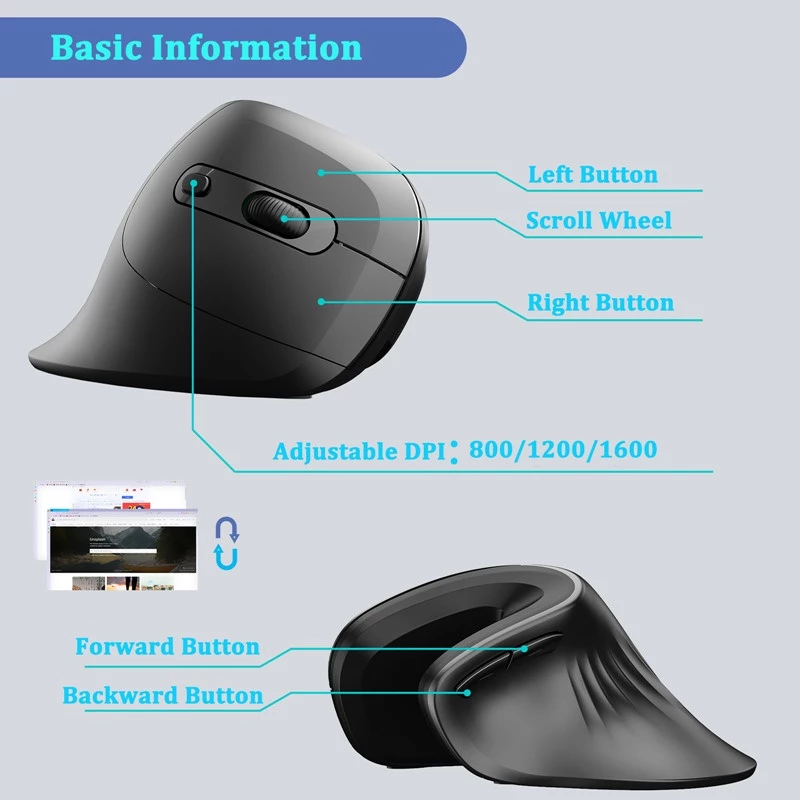 Mouse Sem Fio Ergonômico Vertical 2.4ghz 6 Botão 3200 DPI Mouse USB Recarregável Para Jogos Em PC Confortável — foto 2 de 3