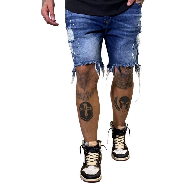 Bermuda Jeans Medio Masculino Degrant Jeans Respingos Destroyed