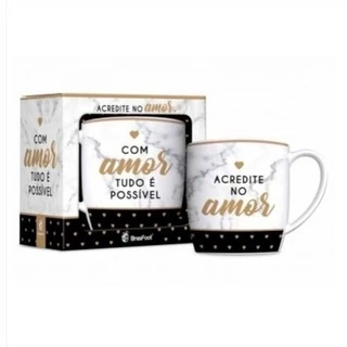 Caneca decorada Porcelana - Com Amor Tudo é Possível Acredite no Amor Presente Brasfoot