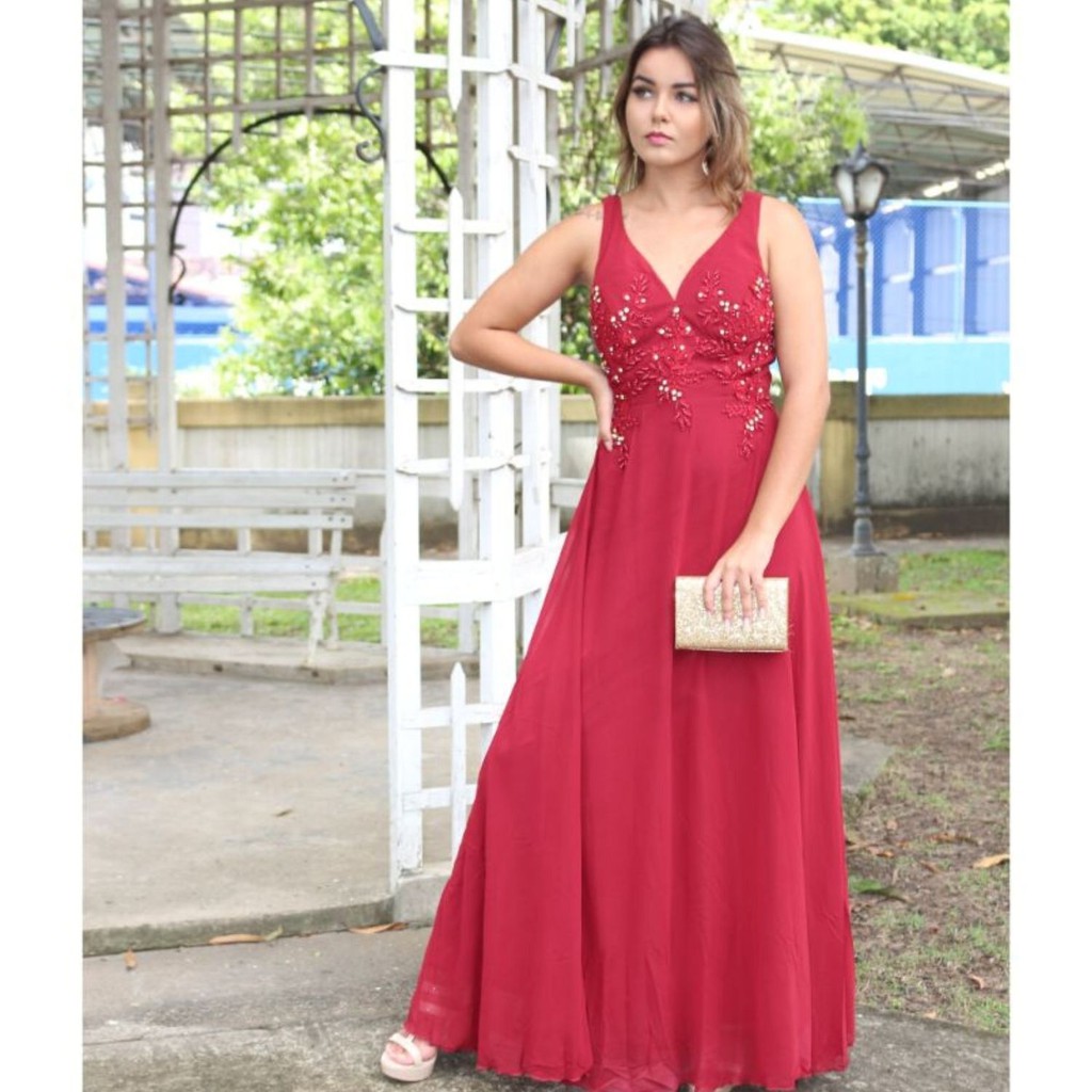 Vestido vermelho bordado store pedraria