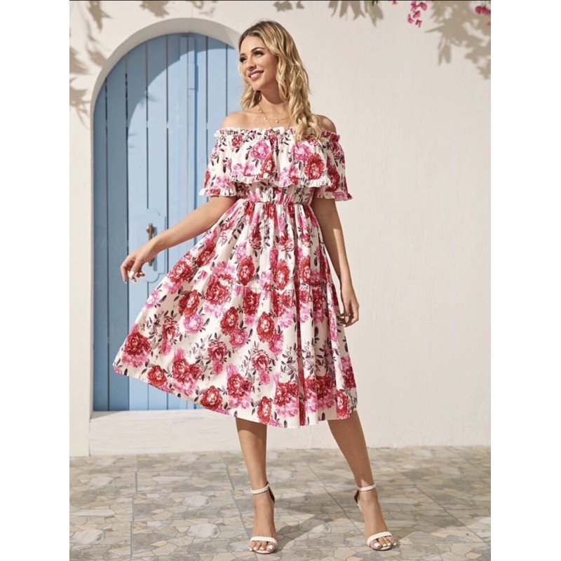 Vestido Trendyol Collection Midi Ombro a Ombro Floral Azul-Marinho