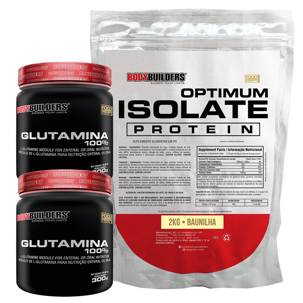 Kit Whey Optimum Isolate Protein 2kg + 2x Glutamina 100% 300g + Coqueteleira – Ganho de Massa Muscular Magra – Bodybuilders