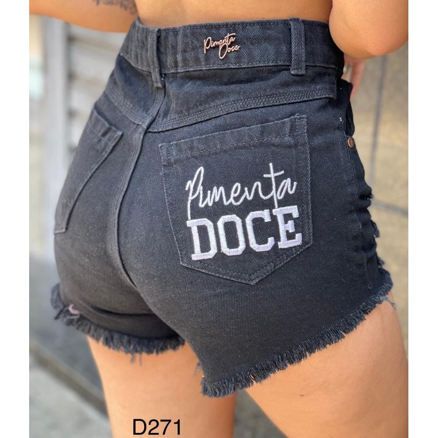 shorts jeans feminino pimenta doce bordado personalizado preto