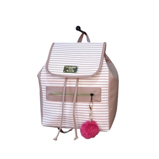 Mochila Saco Listras Fina Com Chaveiro Pompom Brinde Lindo