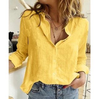 Camisa Feminina De Algodão/Linho/Manga Longa/Folgada/Lisa/Casual