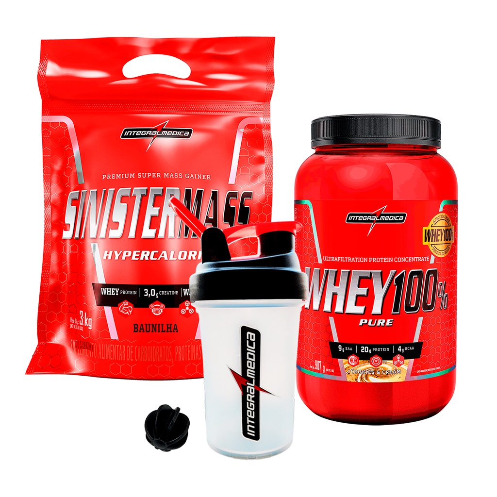 Kit combo Hipercalórico Sinister Mass 3kg + Whey 100% Puro Pote 907g ...