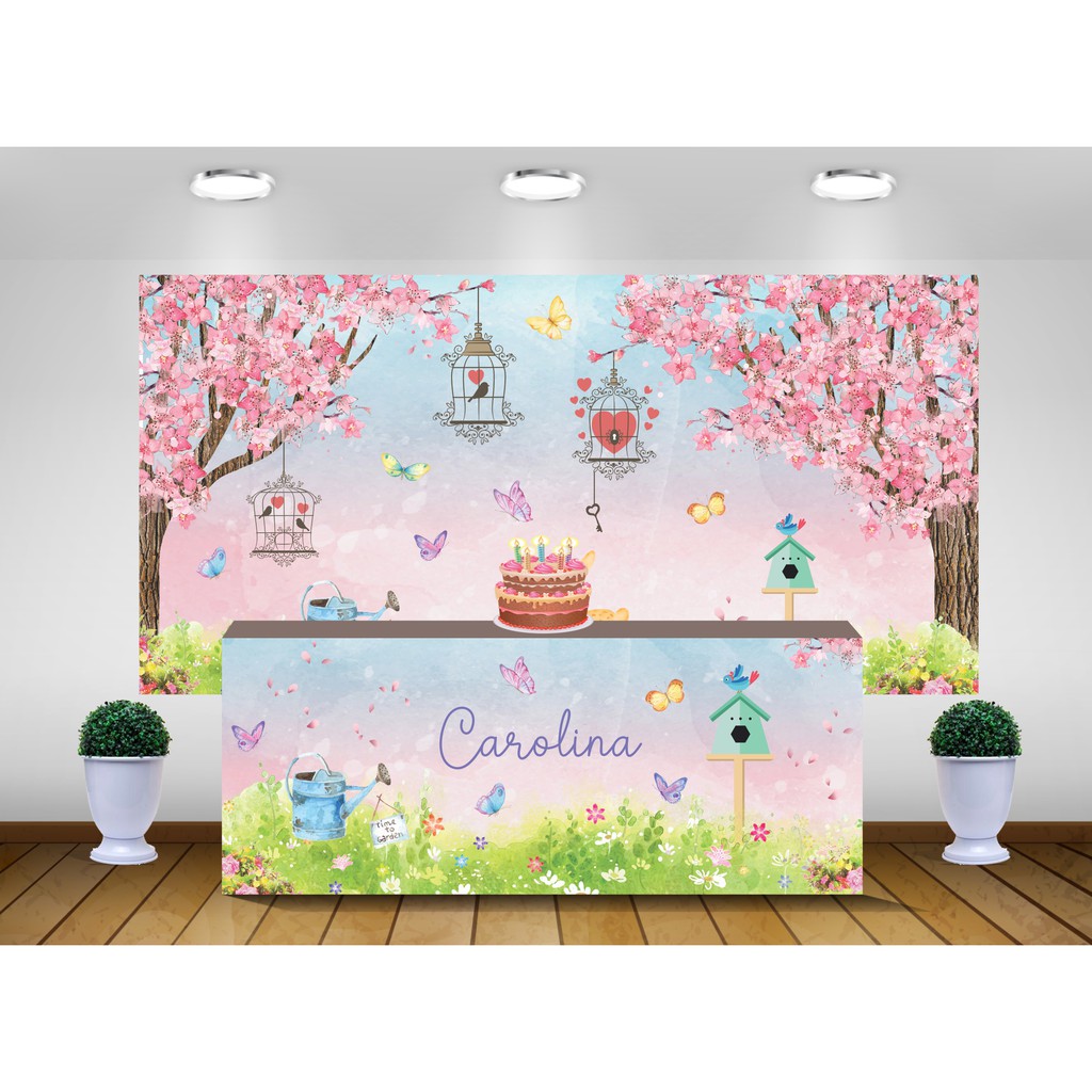 Kit de Festa Painel Jardim Encantado Rosa Decoração Saia de Mesa e ...