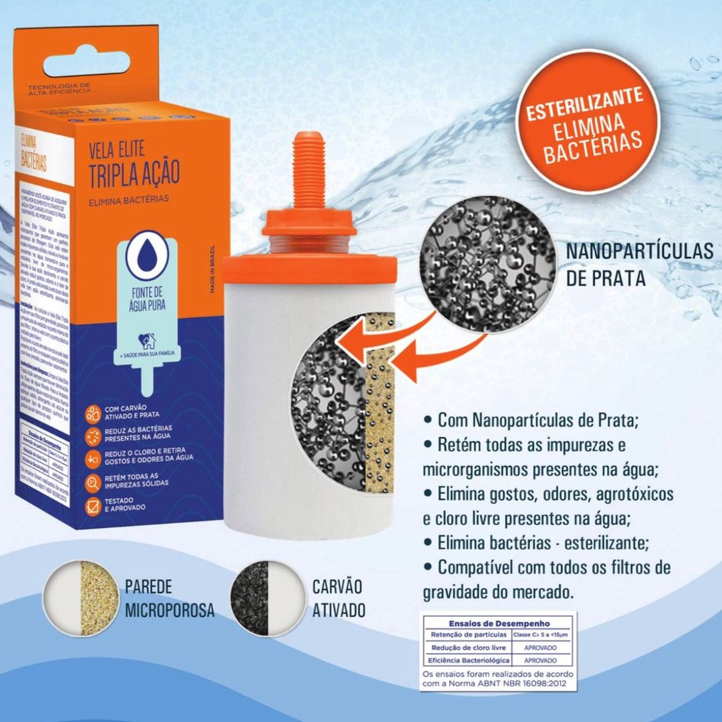 Vela Filtro Barro Tripla Ação com Nanoparticulas de Prata Alta Filtragem Por Gravidade Elimina todas as Impurezas