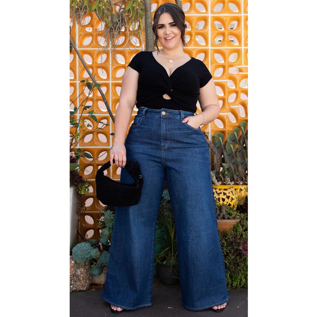 Calça Jeans Wide Leg Pantalona Plus Size 46 Ao 58