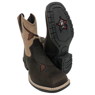 Bota Texana Infantil Aragoni Cafe Com Marfim com Bordado de Boi 100% Couro Confortável Ideal Para Rodeio Festa Country