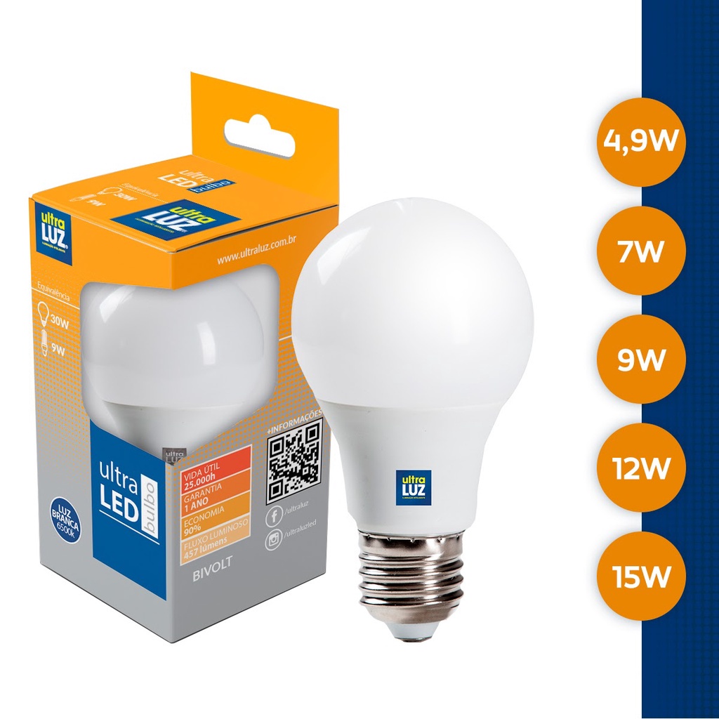 Lâmpada LED 4,9W, 7W, 9W, 12W, 15W Bulbo Ultraluz Bivolt Econômica 6500K Branca Fria e Branco Quente E27 (1 ano de garantia)