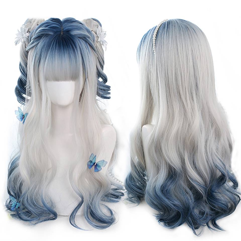 Longo Ombre Colorido Cosplay Sintético Peruca Lolita Harajuku Com Franja Perucas Ondu @ @ Ladas Naturais Rosa Roxo Azul Perucas Diárias