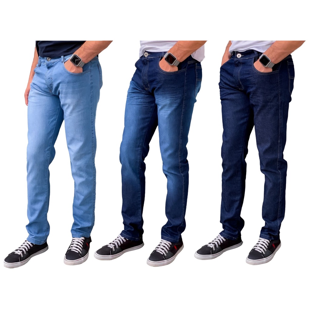 kit 3 calça jeans masculina slim com elastano tamanho:36;cor