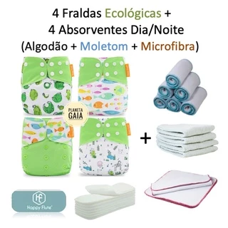 Kit 4 Fraldas Ecológicas Reutilizável + 4 Absorventes diversos dia / noite