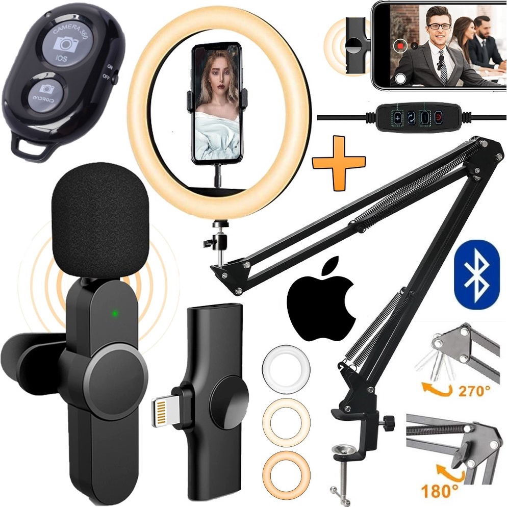 Iluminador Led Ring Light Suporte Bra O Articulado De Mesa Microfone Lapela Sem Fio Iphone