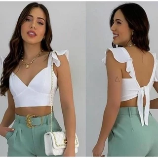 Cropped Feminino Delicado Com Decote em V e babado Top Blusa Corselet Amarração Preto Branco Rosa pink Vermelho