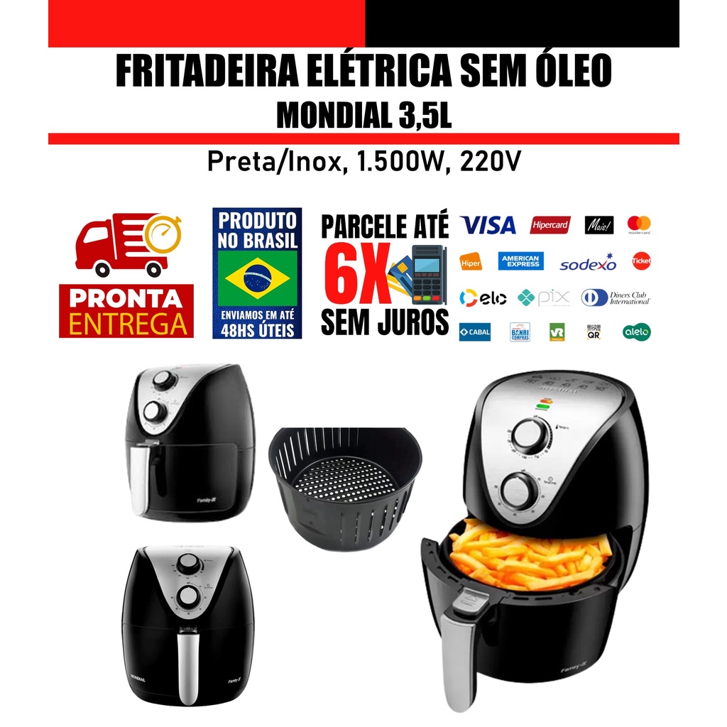 Fritadeira Sem Óleo Air Fryer 3,5L, Mondial, Preto/Inox, 1500W