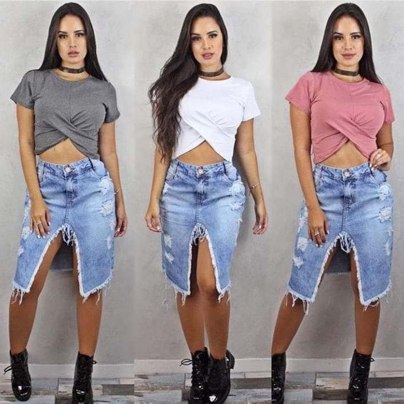 Saia jeans best sale fenda frontal